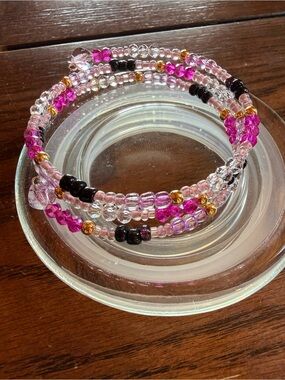 Handmade Pink Beaded Coil Bracelet with Gold & Black Accents